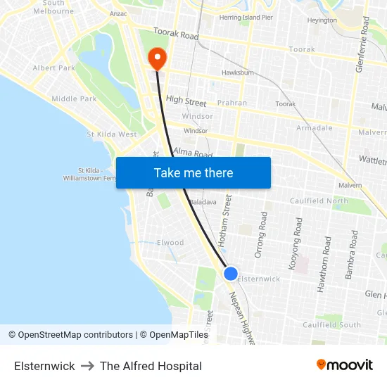 Elsternwick to The Alfred Hospital map