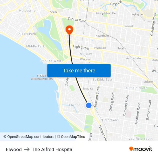 Elwood to The Alfred Hospital map