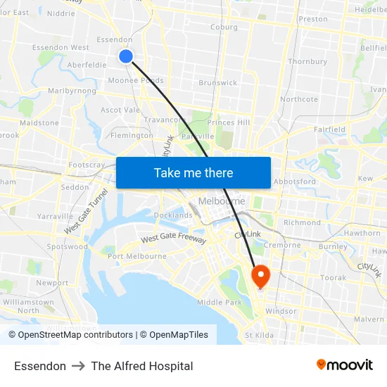 Essendon to The Alfred Hospital map