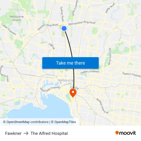 Fawkner to The Alfred Hospital map