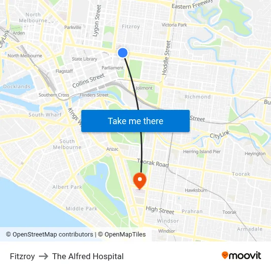 Fitzroy to The Alfred Hospital map