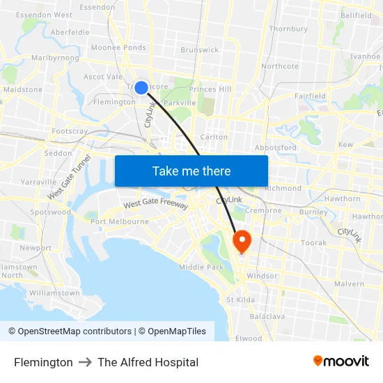 Flemington to The Alfred Hospital map