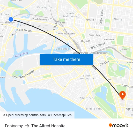 Footscray to The Alfred Hospital map