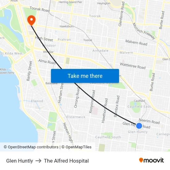 Glen Huntly to The Alfred Hospital map
