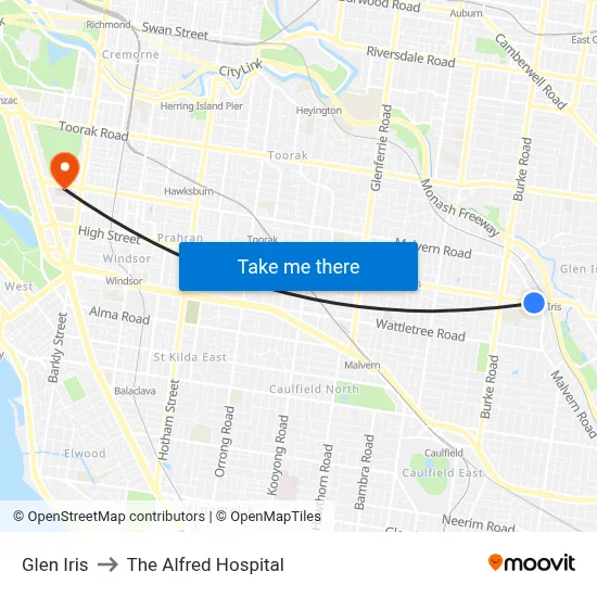 Glen Iris to The Alfred Hospital map