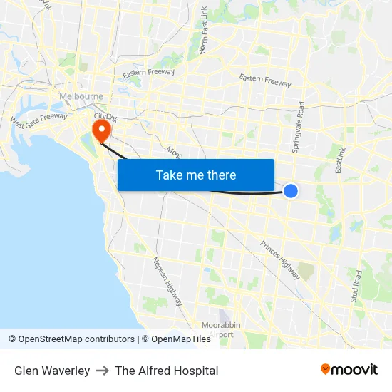 Glen Waverley to The Alfred Hospital map