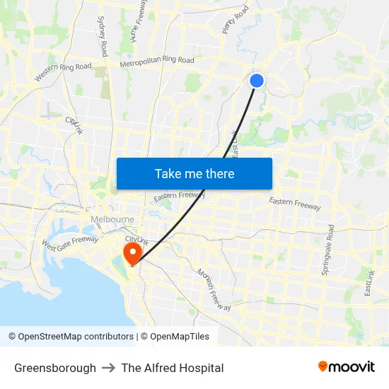 Greensborough to The Alfred Hospital map