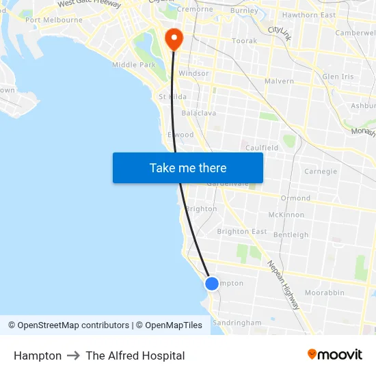 Hampton to The Alfred Hospital map