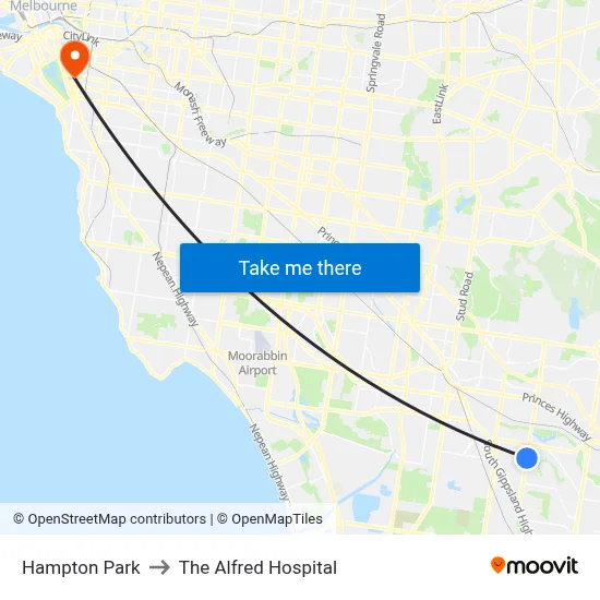 Hampton Park to The Alfred Hospital map