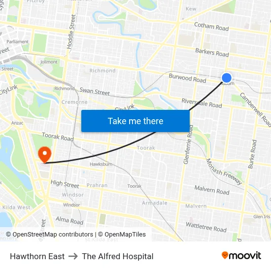 Hawthorn East to The Alfred Hospital map