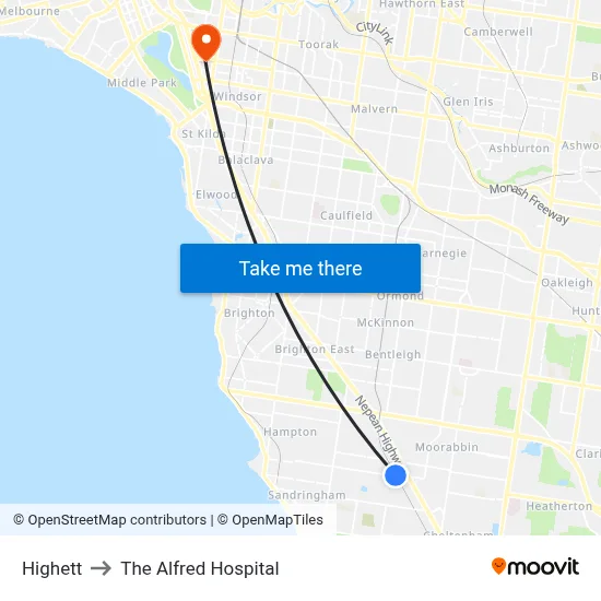 Highett to The Alfred Hospital map