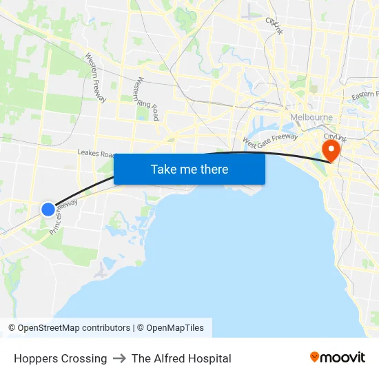 Hoppers Crossing to The Alfred Hospital map