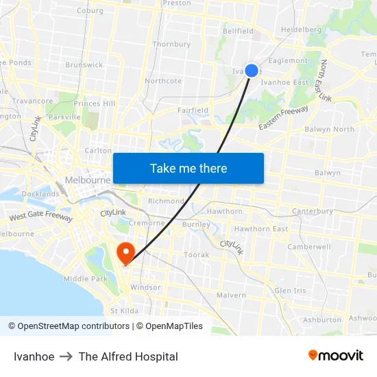 Ivanhoe to The Alfred Hospital map