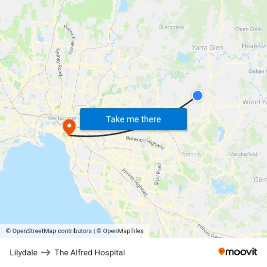 Lilydale to The Alfred Hospital map