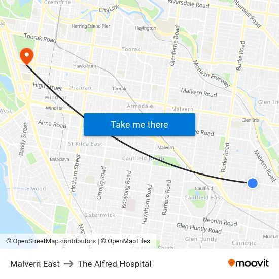 Malvern East to The Alfred Hospital map