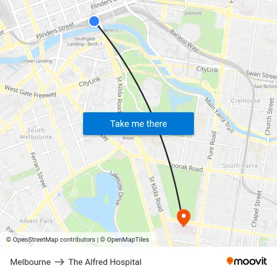 Melbourne to The Alfred Hospital map