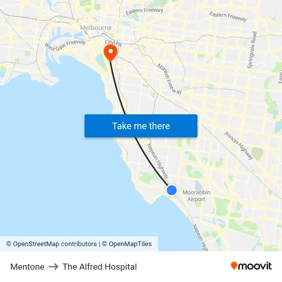 Mentone to The Alfred Hospital map