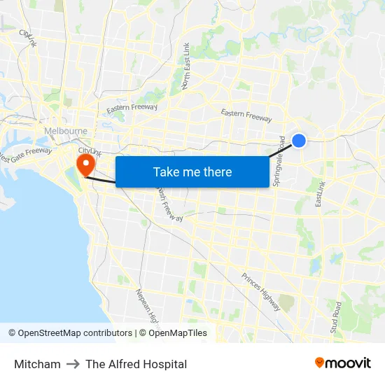 Mitcham to The Alfred Hospital map