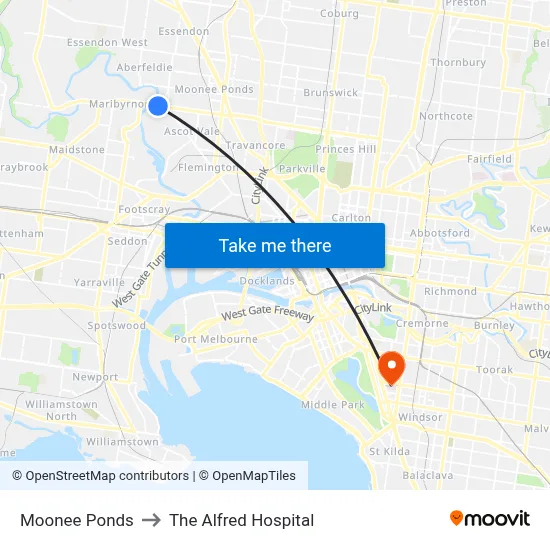 Moonee Ponds to The Alfred Hospital map