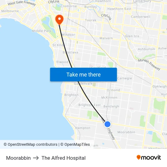 Moorabbin to The Alfred Hospital map