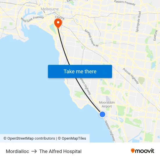 Mordialloc to The Alfred Hospital map