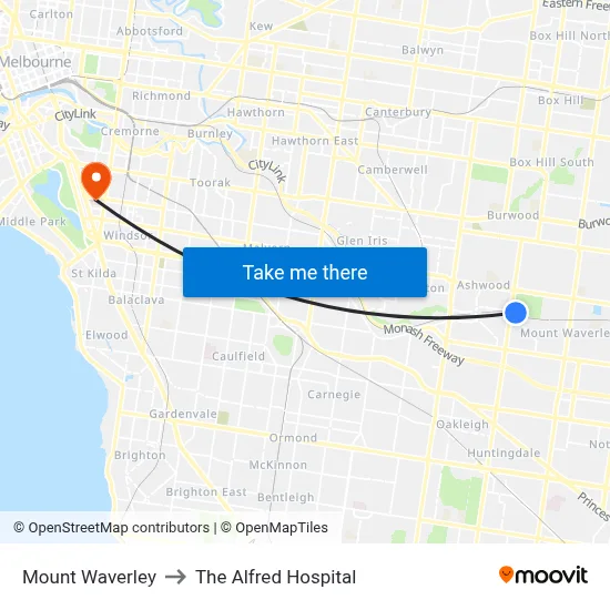 Mount Waverley to The Alfred Hospital map