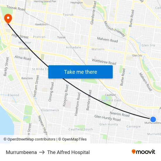Murrumbeena to The Alfred Hospital map