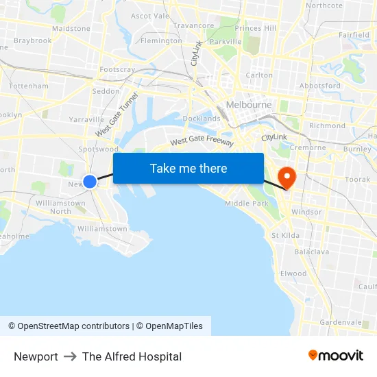 Newport to The Alfred Hospital map