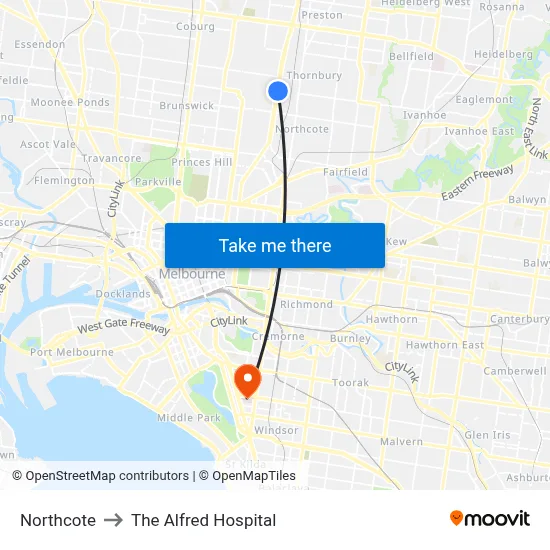 Northcote to The Alfred Hospital map