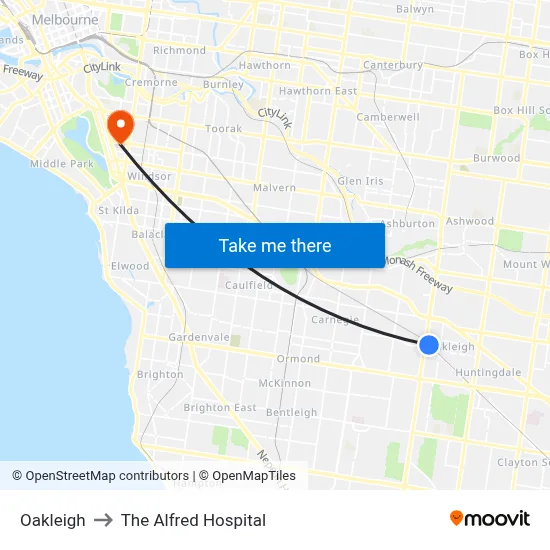 Oakleigh to The Alfred Hospital map