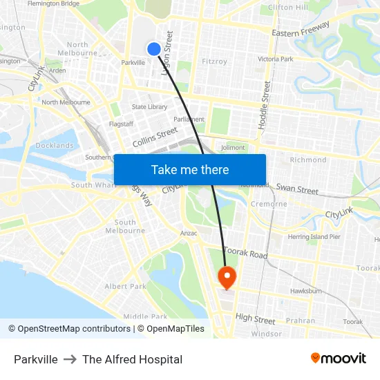 Parkville to The Alfred Hospital map