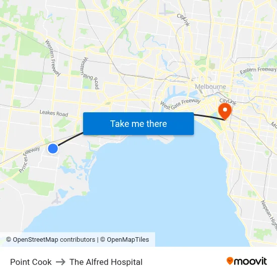 Point Cook to The Alfred Hospital map