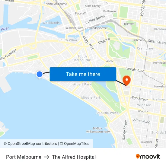 Port Melbourne to The Alfred Hospital map