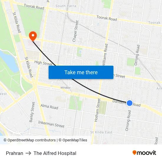 Prahran to The Alfred Hospital map