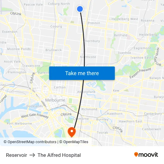 Reservoir to The Alfred Hospital map
