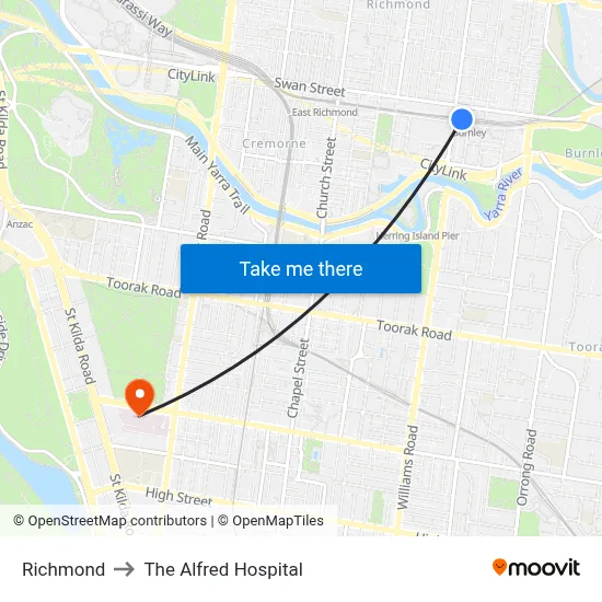 Richmond to The Alfred Hospital map
