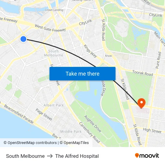 South Melbourne to The Alfred Hospital map