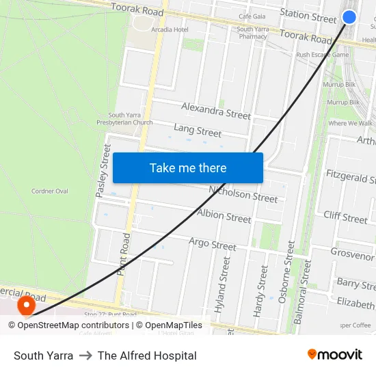 South Yarra to The Alfred Hospital map