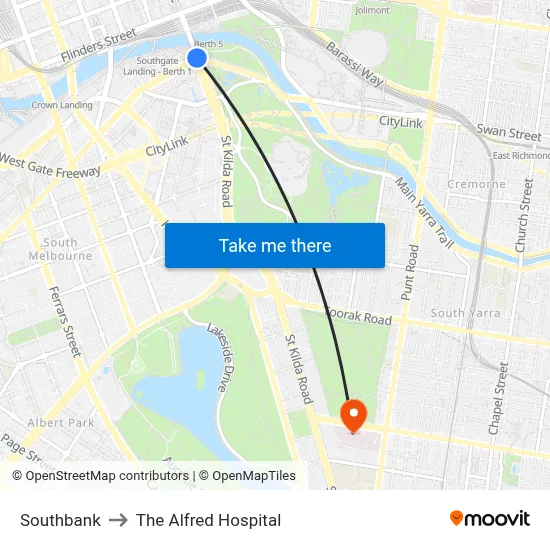 Southbank to The Alfred Hospital map