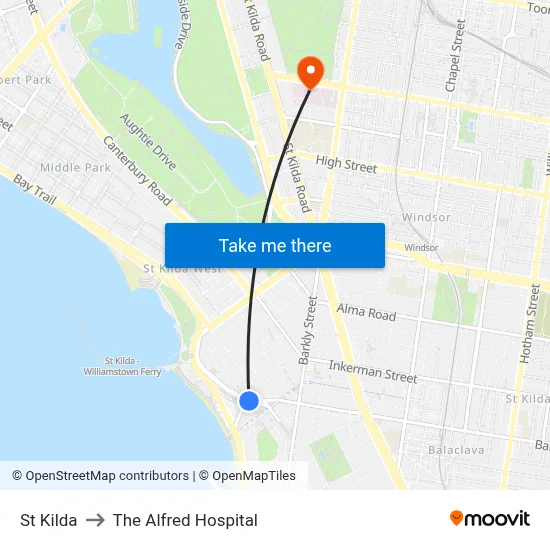 St Kilda to The Alfred Hospital map