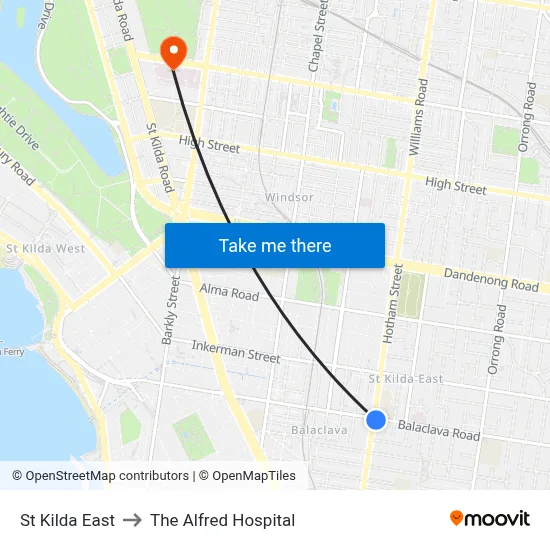 St Kilda East to The Alfred Hospital map