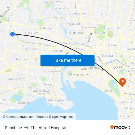 Sunshine to The Alfred Hospital map