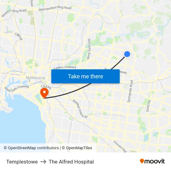 Templestowe to The Alfred Hospital map