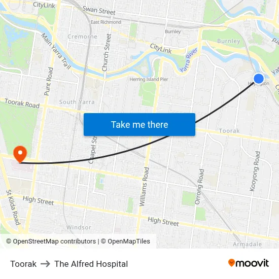 Toorak to The Alfred Hospital map