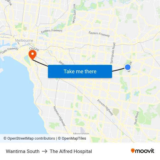 Wantirna South to The Alfred Hospital map