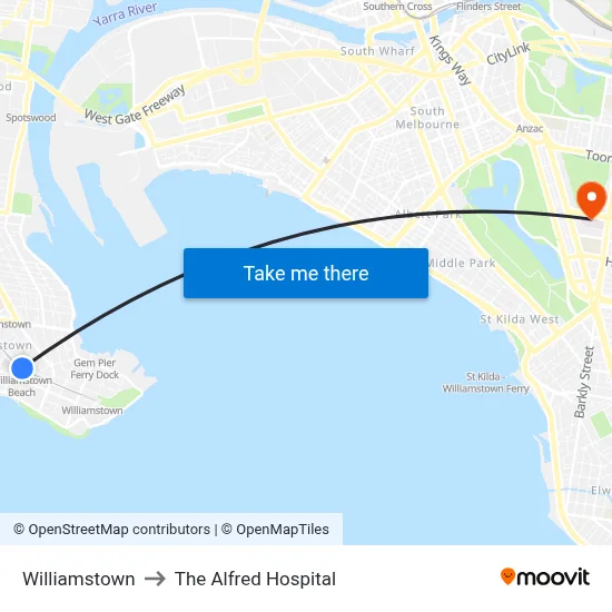 Williamstown to The Alfred Hospital map