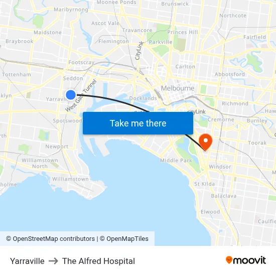 Yarraville to The Alfred Hospital map
