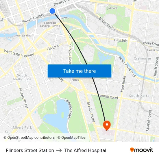 Flinders Street Station to The Alfred Hospital map