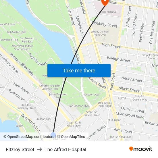Fitzroy Street to The Alfred Hospital map