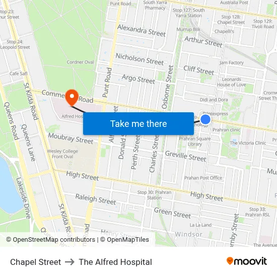 Chapel Street to The Alfred Hospital map